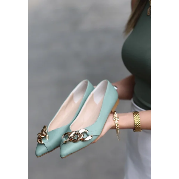 Popi Mint Yeşili Cilt Zincirli Babet Ayakkabı