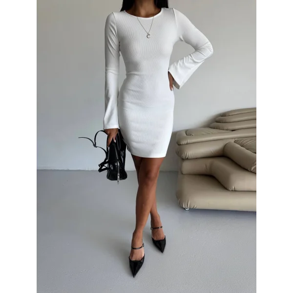 Prenses kol esnek kumaş elbise beyaz f2334