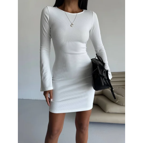 Prenses kol esnek kumaş elbise beyaz f2334