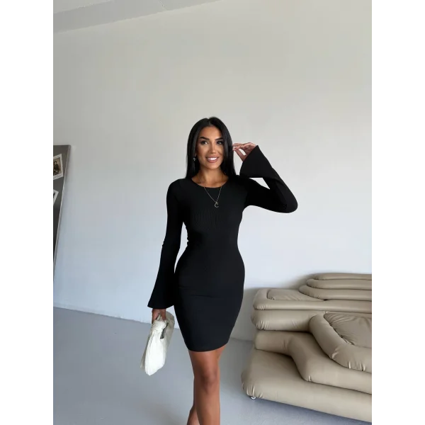 Prenses kol esnek kumaş elbise siyah f2334