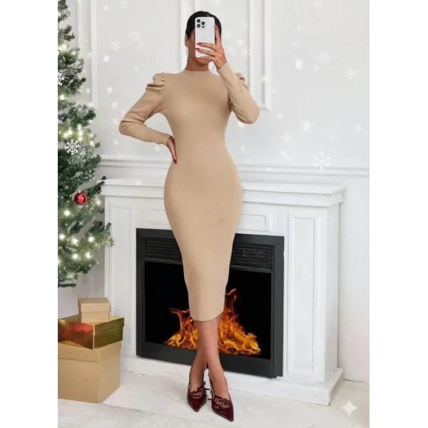 Prenses kol kaşkorse elbise bej a3691