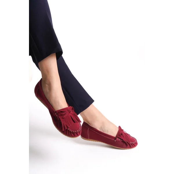 PS-100 Bordo Süet Püsküllü Günlük Kadın Babet