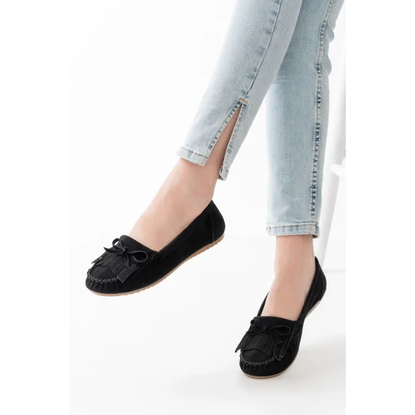 PS-100 Siyah Süet Püsküllü Günlük Kadın Babet