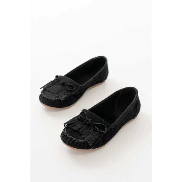 PS-100 Siyah Süet Püsküllü Günlük Kadın Babet