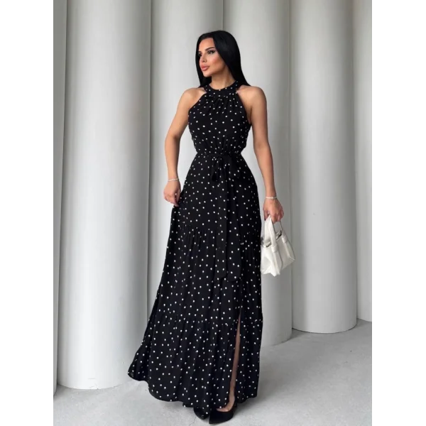 Puantiyeli yırtmaçlı elbise N4233