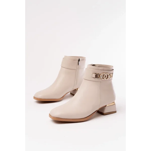 RM-502 Bej Toka Aksesuarlı Topuklu Fermuarlı Günlük Kadın Bot