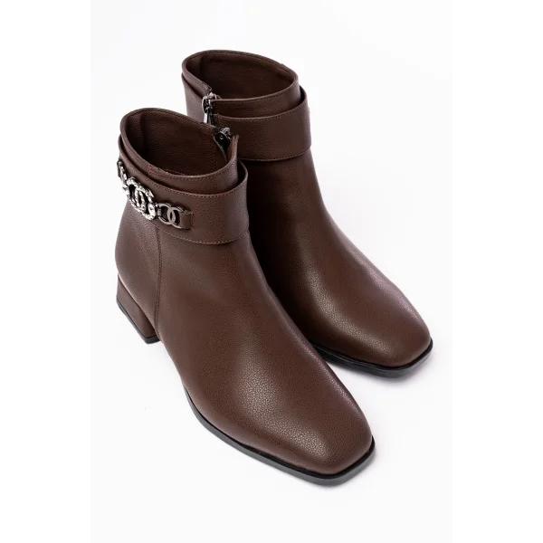 RM-502 Kahverengi Toka Aksesuarlı Topuklu Fermuarlı Günlük Kadın Bot
