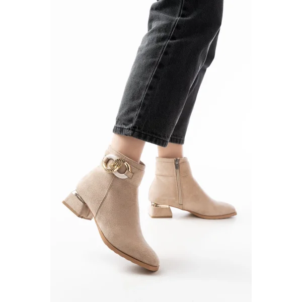 RM-504 Bej Süet Toka Aksesuarlı Topuklu Fermuarlı Günlük Kadın Bot