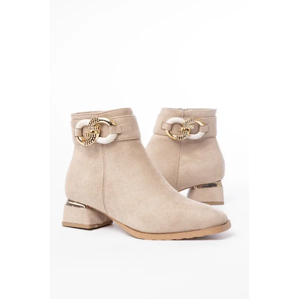 RM-504 Bej Süet Toka Aksesuarlı Topuklu Fermuarlı Günlük Kadın Bot