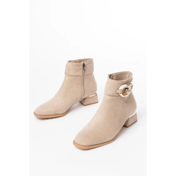 RM-504 Bej Süet Toka Aksesuarlı Topuklu Fermuarlı Günlük Kadın Bot