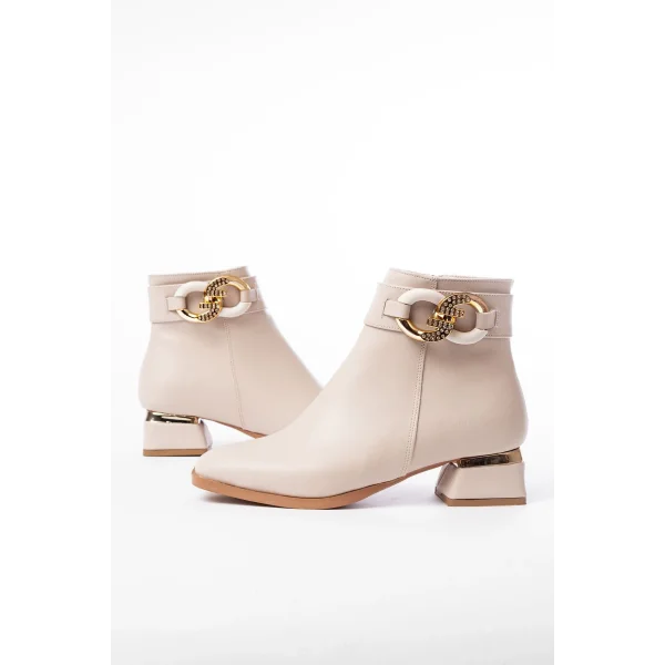 RM-504 Bej Toka Aksesuarlı Topuklu Fermuarlı Günlük Kadın Bot