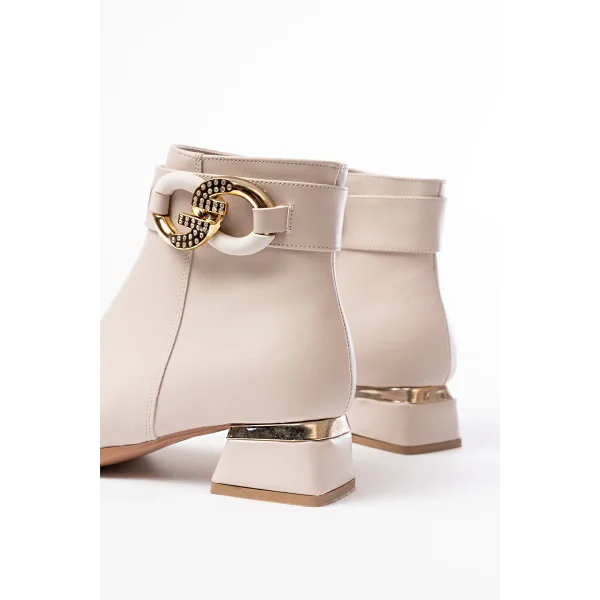 RM-504 Bej Toka Aksesuarlı Topuklu Fermuarlı Günlük Kadın Bot