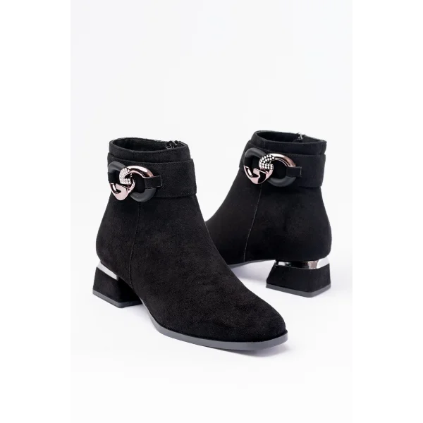 RM-504 Siyah Süet Toka Aksesuarlı Topuklu Fermuarlı Günlük Kadın Bot