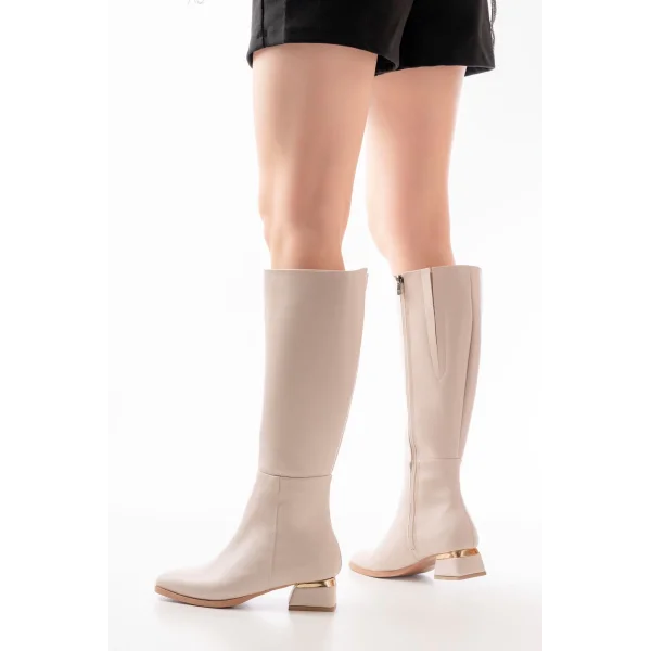 RM-505 Bej Topuklu Fermuarlı Günlük Kadın Çizme