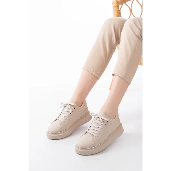 RS-2435 Bej Roze Bağcıklı Dikişli Günlük Spor Ayakkabı
