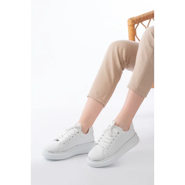 RS-2435 Beyaz Gümüş Bağcıklı Dikişli Günlük Spor Ayakkabı