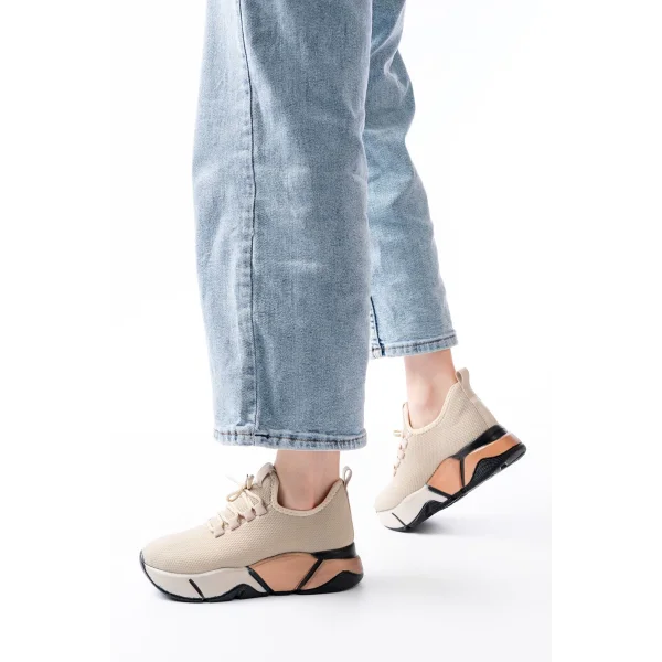 RS-400  Bej Bağcıklı Fileli Renkli Taban Günlük Kadın Spor