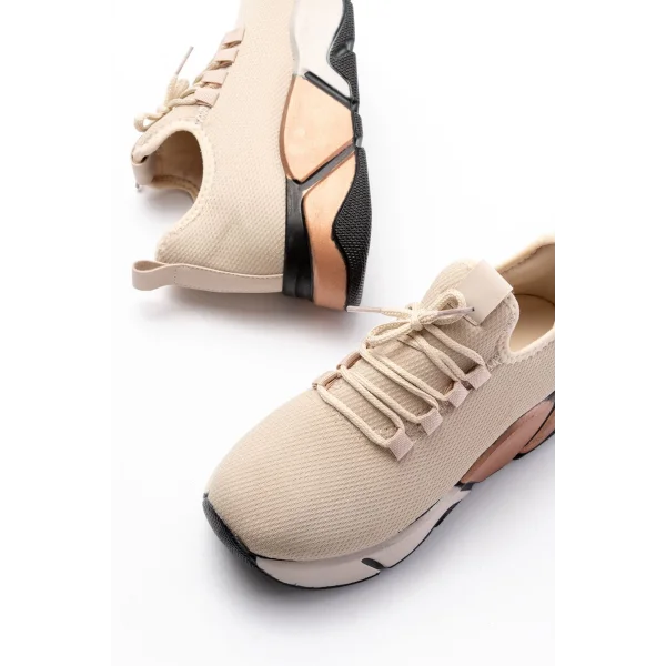 RS-400  Bej Bağcıklı Fileli Renkli Taban Günlük Kadın Spor