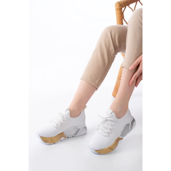 RS-400  Beyaz Bağcıklı Fileli Renkli Taban Günlük Kadın Spor