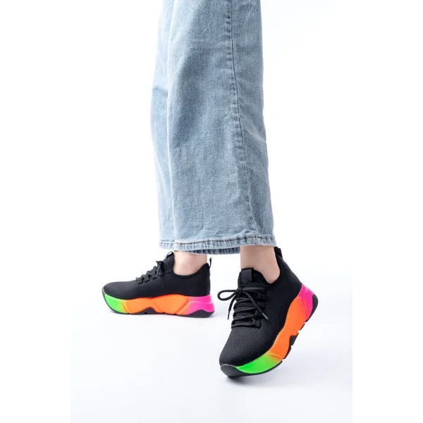 RS-400  Siyah Bağcıklı Fileli Renkli Taban Günlük Kadın Spor