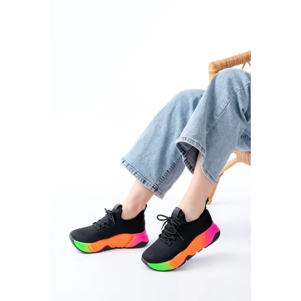 RS-400  Siyah Bağcıklı Fileli Renkli Taban Günlük Kadın Spor