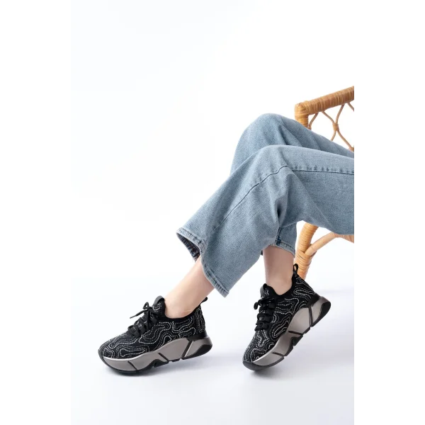 RS-402 Siyah Bağcıklı Fileli Taşlı Platin Taban Günlük Kadın Spor