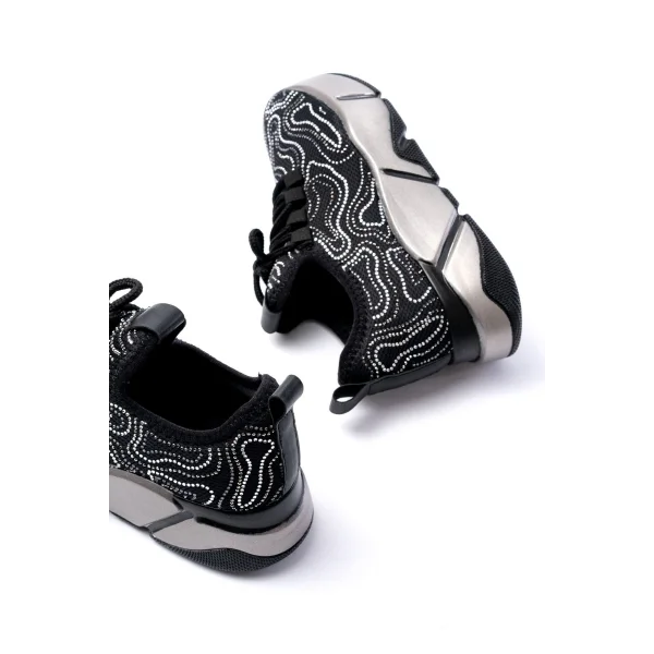 RS-402 Siyah Bağcıklı Fileli Taşlı Platin Taban Günlük Kadın Spor