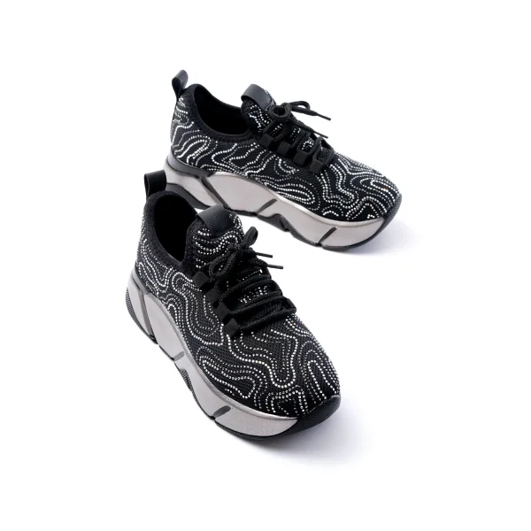 RS-402 Siyah Bağcıklı Fileli Taşlı Platin Taban Günlük Kadın Spor