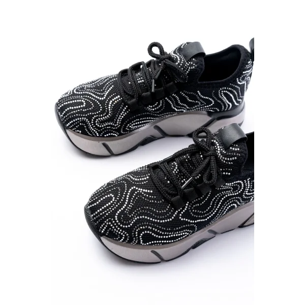 RS-402 Siyah Bağcıklı Fileli Taşlı Platin Taban Günlük Kadın Spor