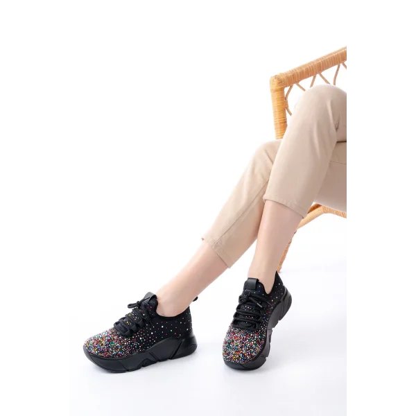 RS-403 Siyah Bağcıklı Fileli Multi Taşlı Günlük Kadın Spor