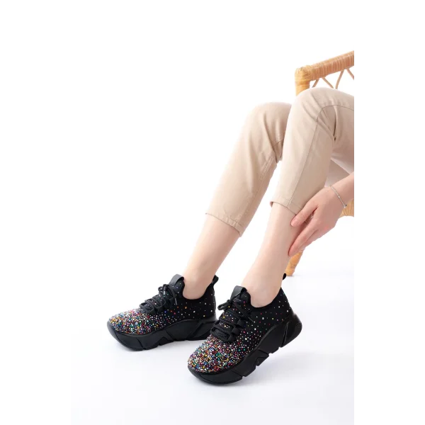 RS-403 Siyah Bağcıklı Fileli Multi Taşlı Günlük Kadın Spor