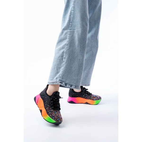 RS-403  Siyah Bağcıklı Fileli Multi Taşlı Renkli Taban Günlük Kadın Spor