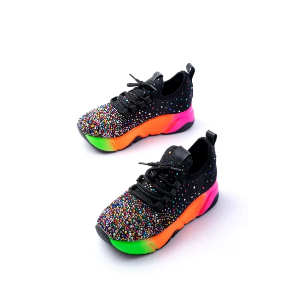 RS-403  Siyah Bağcıklı Fileli Multi Taşlı Renkli Taban Günlük Kadın Spor