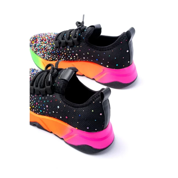 RS-403  Siyah Bağcıklı Fileli Multi Taşlı Renkli Taban Günlük Kadın Spor