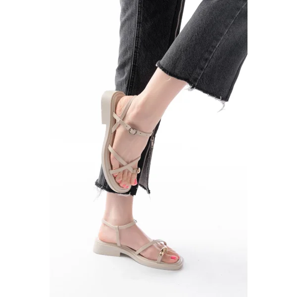 S-101 Bej Parmak Arası Taş Detaylı Günlük Kadın Sandalet