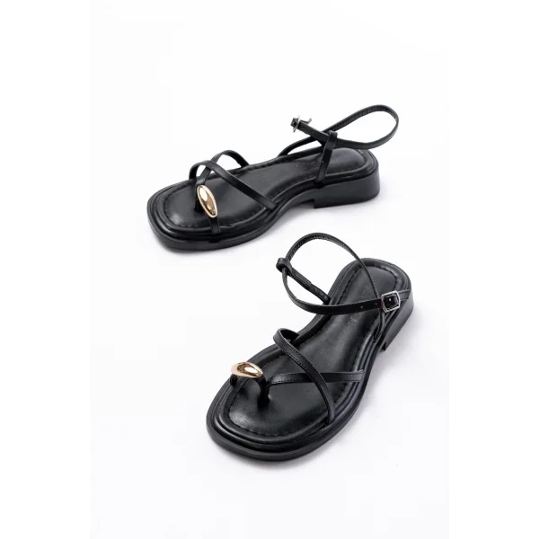 S-101 Siyah Parmak Arası Taş Detaylı Günlük Kadın Sandalet