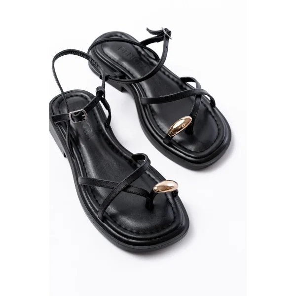 S-101 Siyah Parmak Arası Taş Detaylı Günlük Kadın Sandalet