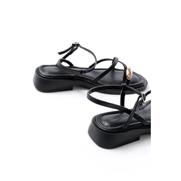 S-101 Siyah Parmak Arası Taş Detaylı Günlük Kadın Sandalet