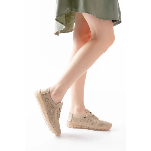 S-365  Bej Desenli Hakiki Deri Şeffaf Taban Kadın Spor Ayakkabı