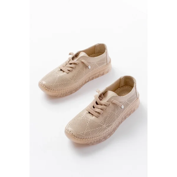 S-365  Bej Desenli Hakiki Deri Şeffaf Taban Kadın Spor Ayakkabı