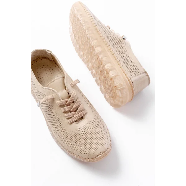 S-365  Bej Desenli Hakiki Deri Şeffaf Taban Kadın Spor Ayakkabı