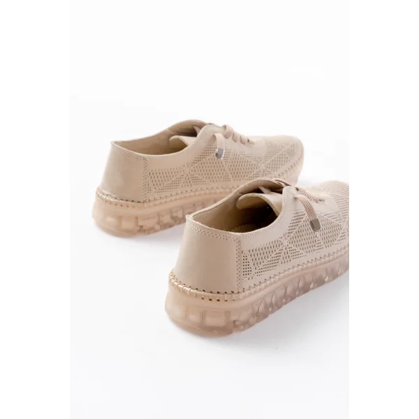 S-365  Bej Desenli Hakiki Deri Şeffaf Taban Kadın Spor Ayakkabı