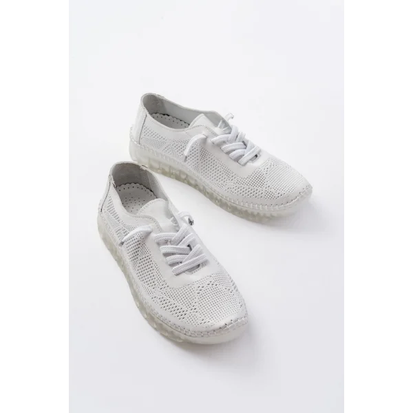 S-365  Beyaz Desenli Hakiki Deri Şeffaf Taban Kadın Spor Ayakkabı