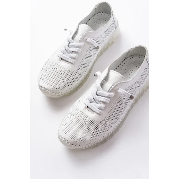 S-365  Beyaz Desenli Hakiki Deri Şeffaf Taban Kadın Spor Ayakkabı