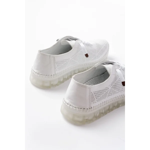 S-365  Beyaz Desenli Hakiki Deri Şeffaf Taban Kadın Spor Ayakkabı