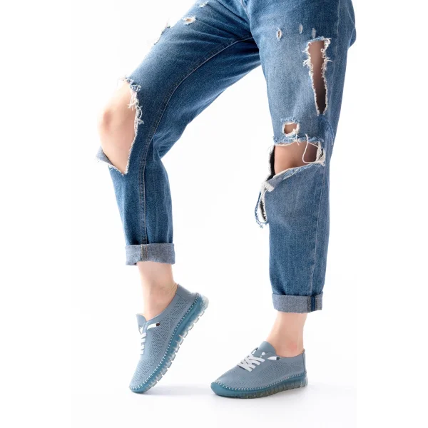 S-365  Mavi Desenli Hakiki Deri Şeffaf Taban Kadın Spor Ayakkabı