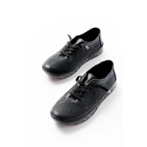 S-365  Siyah Desenli Hakiki Deri Şeffaf Taban Kadın Spor Ayakkabı