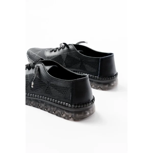 S-365  Siyah Desenli Hakiki Deri Şeffaf Taban Kadın Spor Ayakkabı