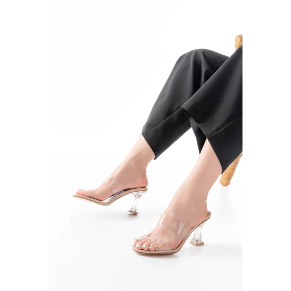 S-618 Bej Rugan Çift Bantlı Topuklu Kadın Terlik