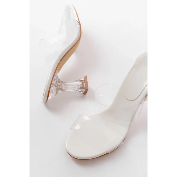 S-618 Beyaz Rugan Çift  Bantlı Topuklu Kadın Terlik